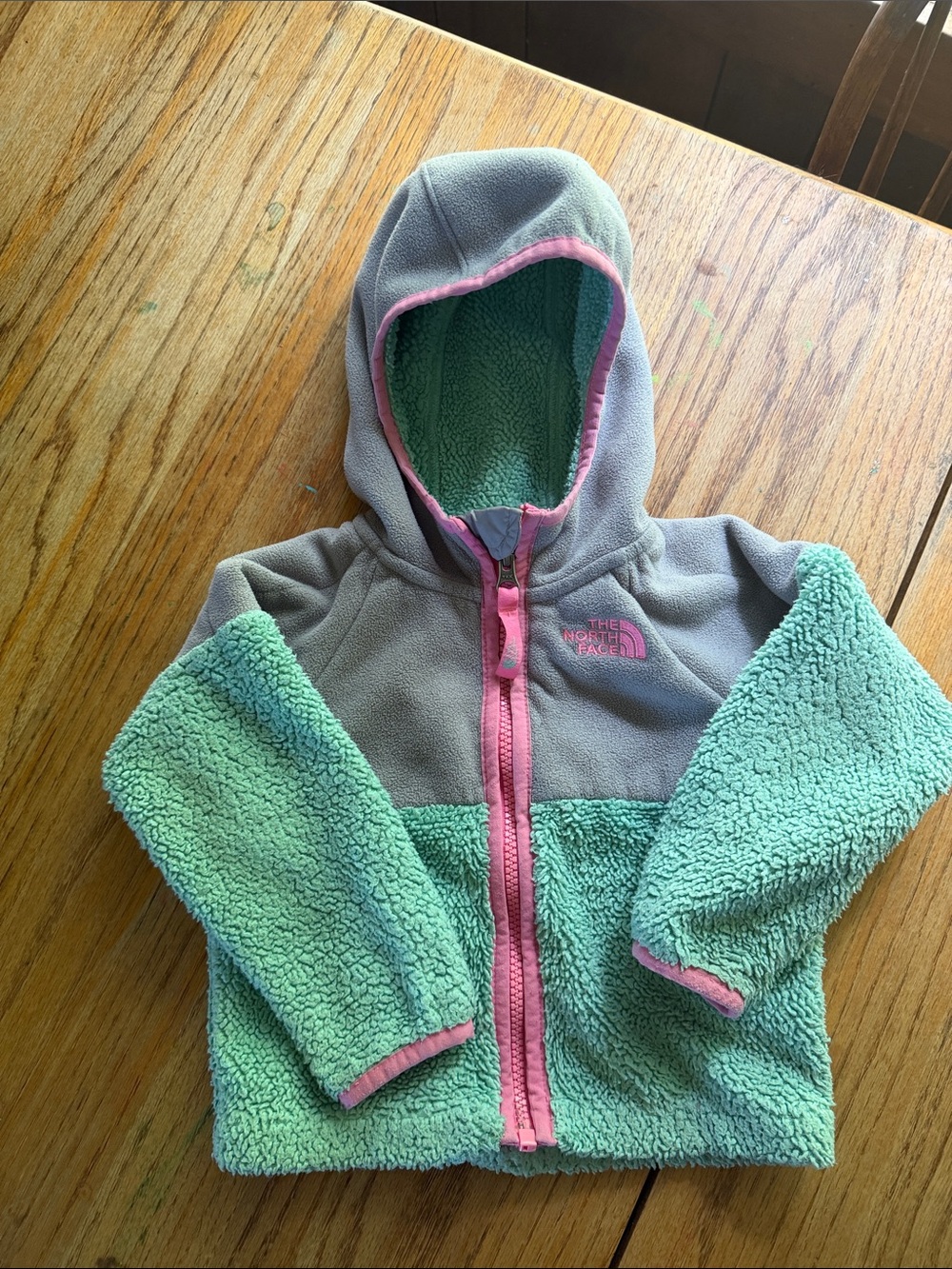 The North Face Kids Sherpa Hoodie in Mint Green, Gray & Pink Trim